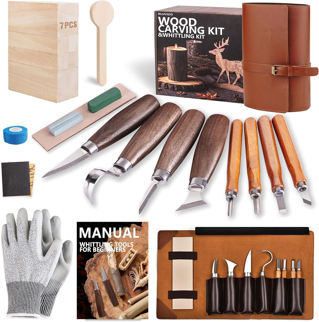 Deluxe Wood Carving & Whittling Kit – Complete Wood Carving Knife Set with Leather Case, Basswood Blocks & Safety Gear – Ideal DIY Craft Gift for Beginners, Adults, Teens & Kids (Brown)